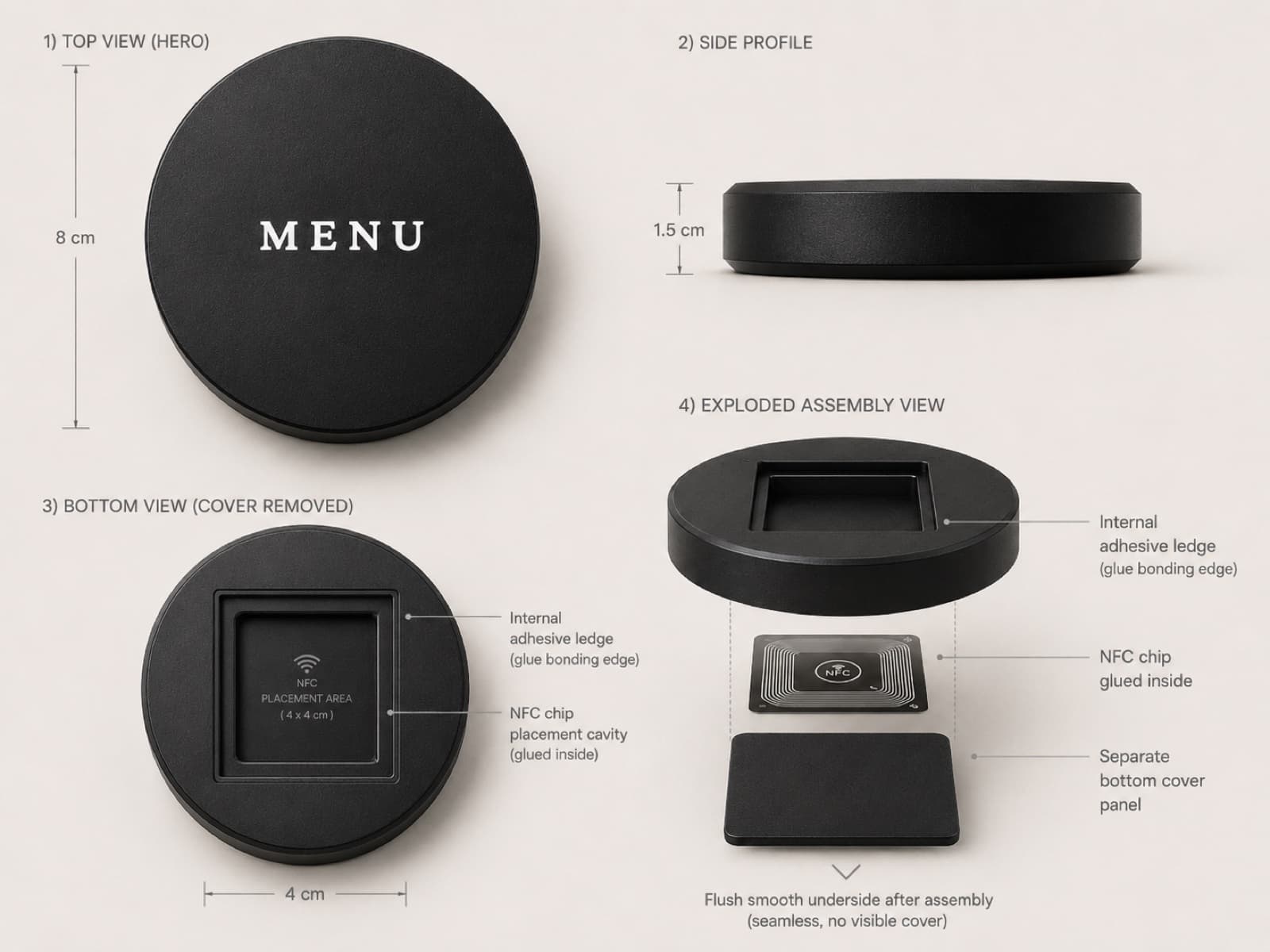 NFC menü puck teknik çizimi: üstten, yandan, alttan ve patlamış montaj görünümü